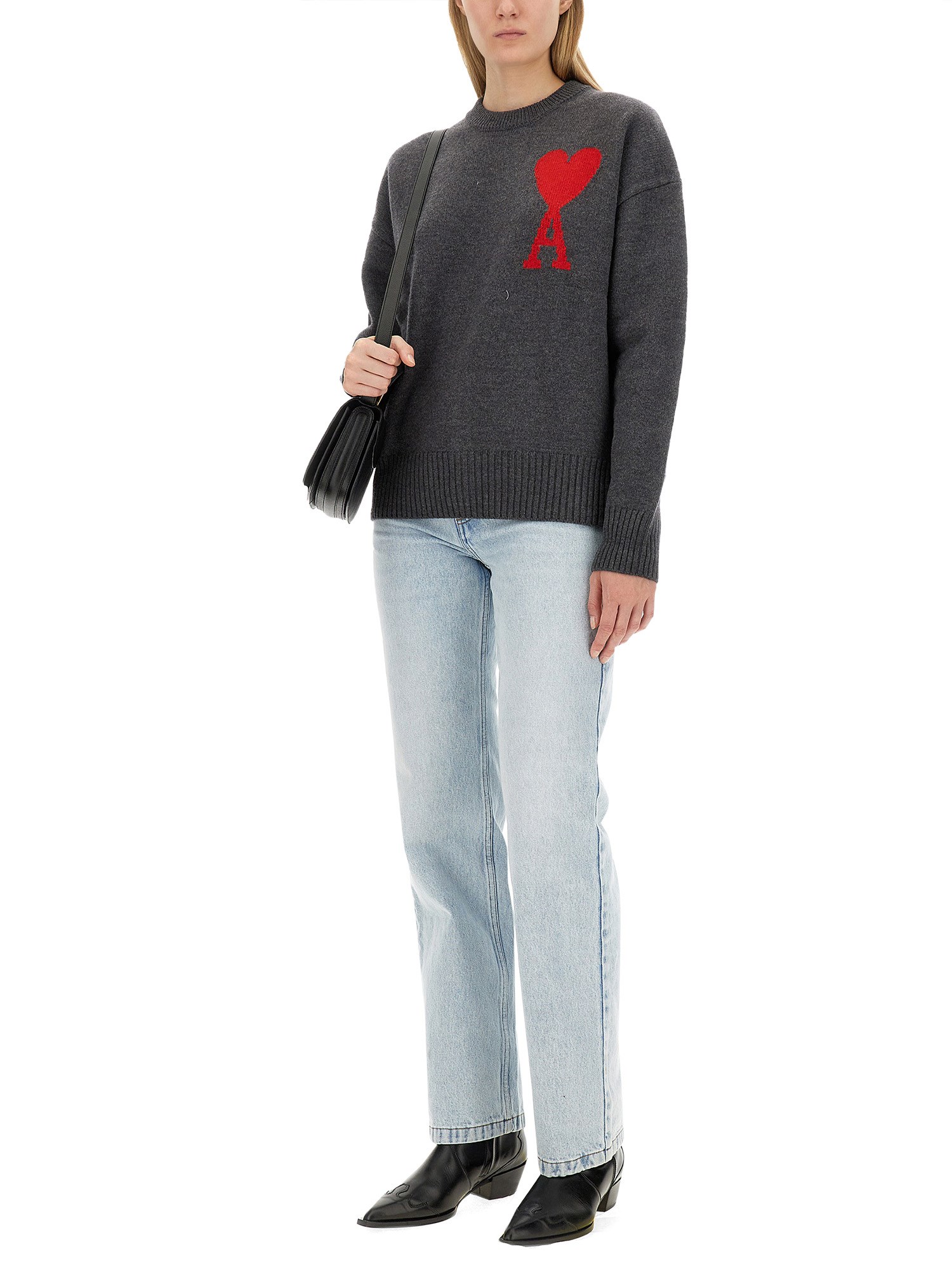AMI PARIS    WOOL SWEATER WITH AMI DE COEUR EMBROIDERY